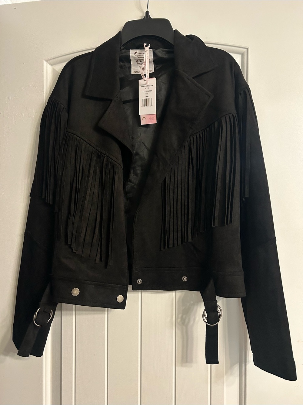 NWT Fornia Faux Suede Fringe Moto Jacket - Black SZ Small